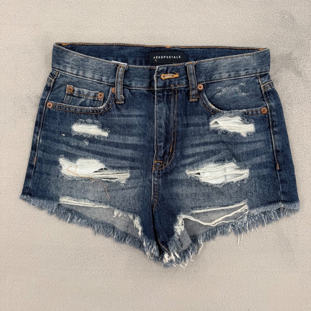 Aeropostale High Rise Shorty Distressed Denim Shorts Dark Wash Raw Hem Size 00